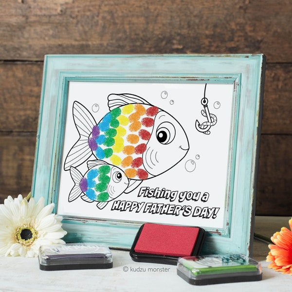 Fish Finger Paint Art Father's Day Printable Fishing DIY Kid's Art Activity for Dad Fingerprints Ink Pad 8x10 inch Art work Print