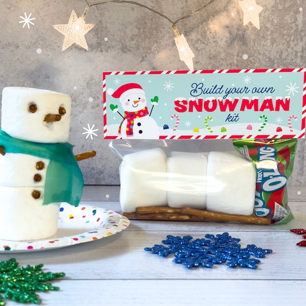 Topper imprimable pour un kit d'activités Construisez votre propre bonhomme de neige | Artisanat de bonhomme de neige à la guimauve | Activités de Noël pour enfants | Jeu DIY des Fêtes