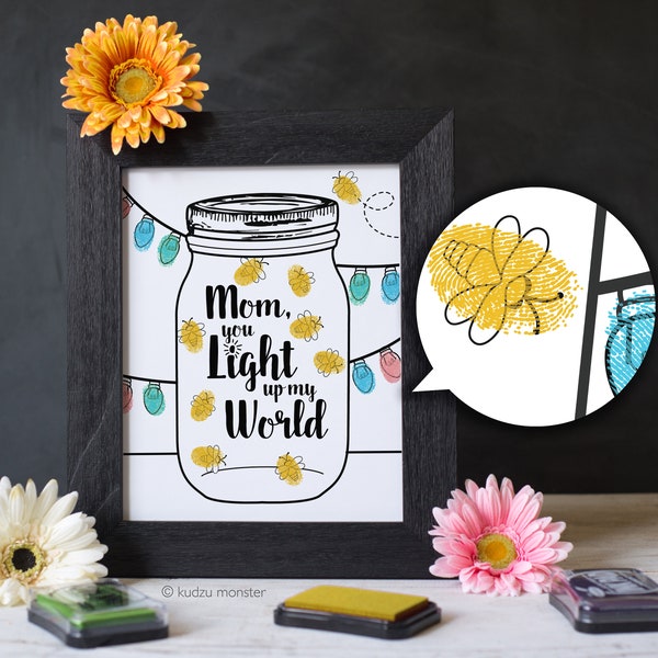 Finger Paint Mother's Day Printable Lightning Bugs Firefly Mason Jar Art DIY Kid's Activity for Mom Fingerprints Ink Pad Coloring