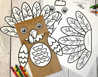Atividade para colorir fantoches de peru para impressão | Artesanato divertido para crianças para o Dia de Ação de Graças | Fantoche de saco de almoço de papel | Fantoche de ação de graças em saco de papel marrom