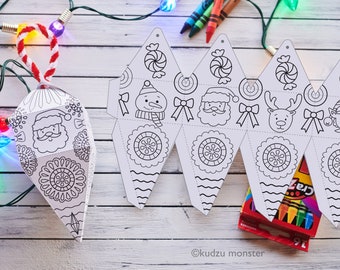Coloring Christmas Ornament Activity Santa Snowman Reindeer Elf DIY Kids Fun Holiday Craft Cute 3D Color In Instant Download Printable
