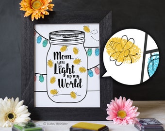 Finger Paint Mother's Day Printable Lightning Bugs Firefly Mason Jar Art DIY Kid's Activity for Mom Fingerprints Ink Pad Coloring