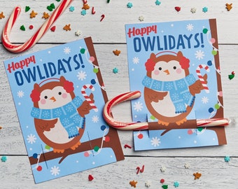 Printable Owl Candy Cane Hugger Cards | Instant Download Holiday Cards for Candy Canes or Christmas Pencils | Cute Kids Christmas Cards