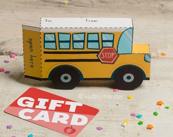 Teacher Appreciation School Bus printable gift card box holder or party favors DIY craft containers teachers cute foldable giftcard boxes