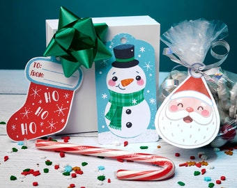 Printable Christmas Gift Tag Set | Santa, Snowman, and Stocking | Cute Instant Download Illustrated Character Gift Tag Set | Print Tags