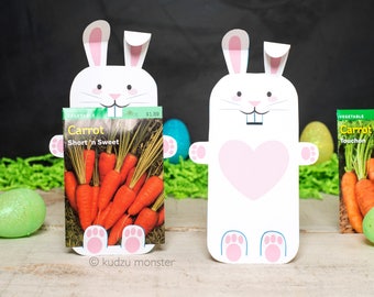 Easter Bunny Printable Card to hold seed packets as a unique Spring time gift Carrot seeds, flower seed DIY gardening flowers White Rabbit