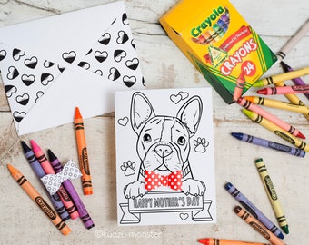 French Bulldog illustrated INSTANT DOWNLOAD Mother's Day Coloring page activity dog craft printable greeting card boston terrier 3D bowtie