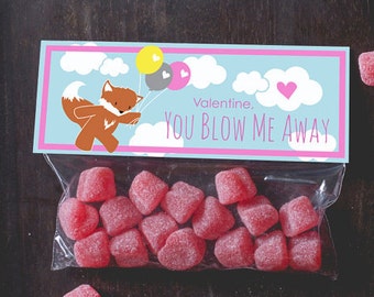 Printable treat topper valentine's day cute fox balloons sky Valentines Classroom candy bag top print at home INSTANT DOWNLOAD