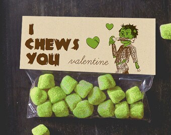 INSTANT DOWNLOAD Zombie Valentine Treat Toppers I Chews You craft candy bag topper valentine's day funny boy valentines