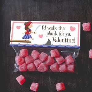 INSTANT DOWNLOAD Printable treat topper valentine&#39;s day pirate girl ocean shark valentine candy bag classroom ship sea waves sword funny