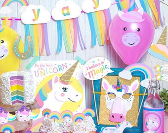 Unicorn Rainbow Printable Party Decor and Birthday Activity Kit Instant Download photo props, banner, cupcake wrappers, party favors, & more