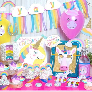 Unicorn Rainbow Printable Party Decor and Birthday Activity Kit Instant Download photo props, banner, cupcake wrappers, party favors, & more