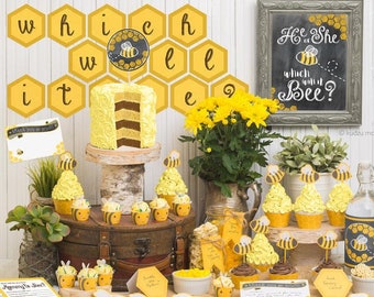 Gender Reveal Baby Shower What will it bee? Printable Party Decor Kit Bumble bees, stripes, honeycomb cute rustic cupcake wrapper chalkboard