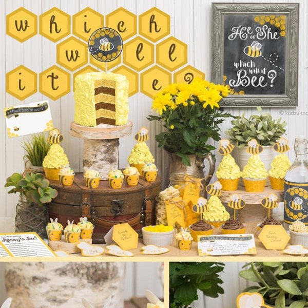 Gender Reveal Baby Shower What will it bee? Printable Party Decor Kit Bumble bees, stripes, honeycomb cute rustic cupcake wrapper chalkboard