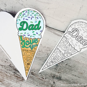 Carte à colorier imprimable pour la fête des pères, activité de coloriage en classe cornet de crème glacée imprimable « Papa, je t'aime plus que de la crème glacée »