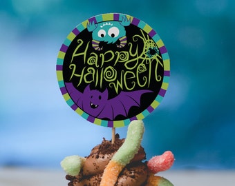 INSTANT DOWNLOAD Halloween cupcake topper print at home multicolor monster bat happy halloween classroom cupcake treat toppers circles