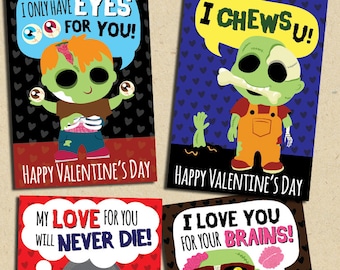 INSTANT DOWNLOAD Printable Classroom zombie valentines cards valentine's day funny boys valentine brains zombies creepy gross tomboy punk