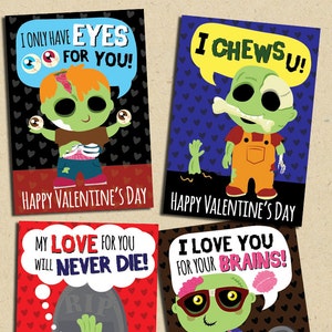 INSTANT DOWNLOAD Printable Classroom zombie valentines cards valentine's day funny boys valentine brains zombies creepy gross tomboy punk image 1