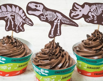 Dinosaur Fossil Party birthday printable cupcake wrapper kit science dino skulls paleontologist paleontology jurassic skeleton educational
