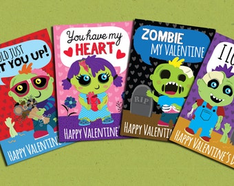 INSTANT DOWNLOAD Printable Classroom zombie valentines cards valentine's day funny boys valentine brains zombies creepy gross tomboy punk