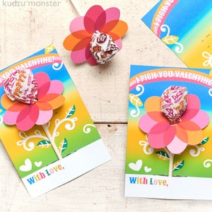 Cute rainbow flower sucker lollipop valentine dumdums Valentine cards easy diy printable valentine&#39;s day gift girly sweet cheap and easy