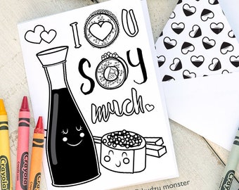Sushi Roll Mother's Day INSTANT DOWNLOAD Printable Coloring Card cute DIY card soy sauce chopsticks hearts activity foodie mom punny
