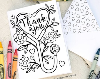 Nurse Appreciation Coloring Card Mother's Day Activity Page DIY kids craft Thank You Doctor Stethoscope activity printable INSTANT DOWNLOAD