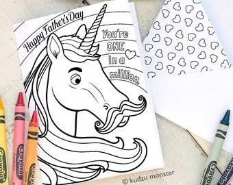 Funny Unicorn Coloring Father's Day Card Instant Download Printable Craft Activity You're on in a million mustache rainbow cute Dad Grandpa