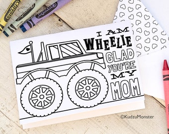 INSTANT DOWNLOAD Mother's Day Card Coloring page Monster Truck Boy printable craft classroom activity wheelie glad you're my mom