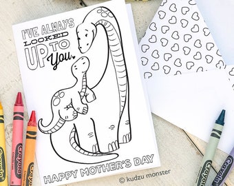 Mother's Day Card Longneck dinosaur Look up to you Coloring Page DIY kids classroom Craft Mother day activity printable INSTANT DOWNLOAD