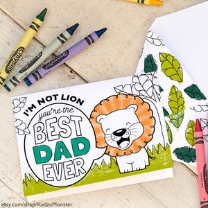 Biglietto stampabile per la festa del papà Pagina da colorare simpatico tema della giungla del leone "Non sono un leone" "Sei il MIGLIOR PAPÀ DI SEMPRE" attività artigianale a colori in classe