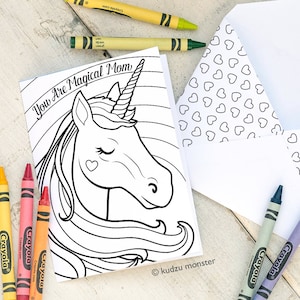 Biglietto per la festa della mamma dell'unicorno DOWNLOAD immediato Magical Mom Rainbow Girly Sweet Pagina da colorare biglietto di auguri stampabile attività in classe artigianale