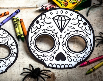 Halloween Printable coloring mask for kids cute skull day of the dead Dia de los Muertos sugar skull coloring page halloween activity