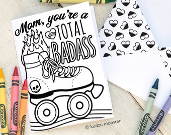 Mother's Day Card Roller Skate Roller Derby Badass Skull and Crossbones tattoo hearts flames coloring greeting card Kickass 80's derby mom