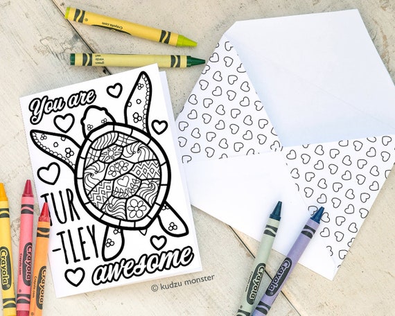 INSTANT DOWNLOAD Mother's Day Card Coloring page turtle turtley awesome cute original illustration punny coloring activity craft printable Il_570xn