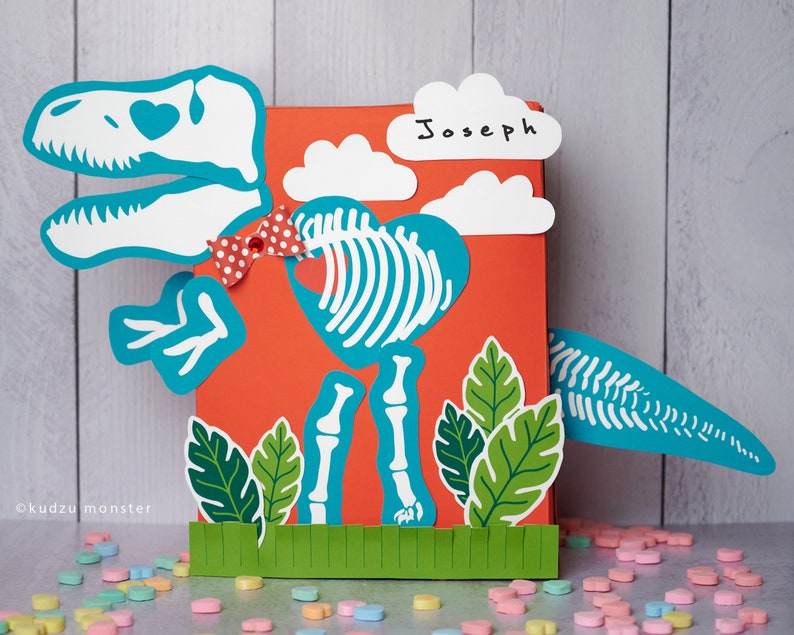 T Rex Fossil Valentine Box Printable Decor Kit 3D bowtie eye image 1