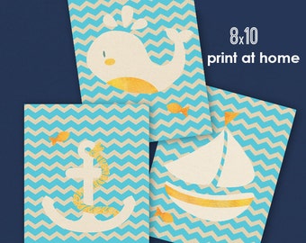 INSTANT DOWNLOAD set of 3, 8x10 nautical prints chevron teal anchor whale sail boat art childrens nursery art sailboat ship ocean beach