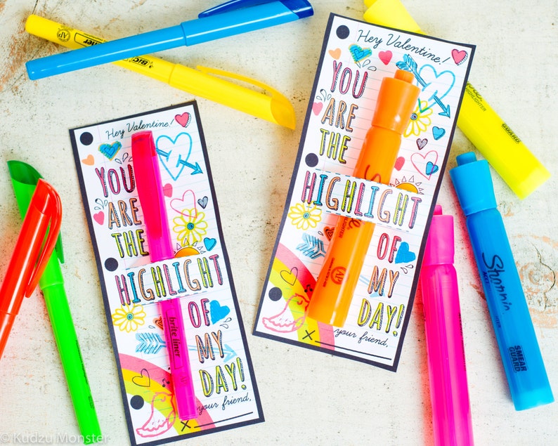 Highlighter Valentine Printable for fat or skinny highlighters Cute tween doodles You are the HIGHLIGHT of my day DIY school supplies gift image 1