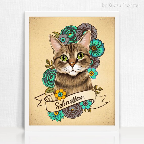 Pet portrait custom dog portrait art print stylized tattoo cat illustration puppy portrait with flowers pet lover gift dog cat Il_570xn