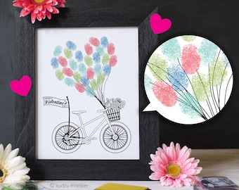 Valentine's Day Finger Paint Art Printable Balloons and Bicycle DIY Kid's Art Activity Fingerprints Ink Pad 8x10 in Art work Print