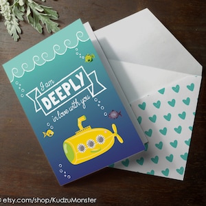 DESCARGA INSTANTE tarjeta de aniversario submarino amarillo lindo profundamente enamorado océano vida marina pescado biología marina San Valentín aniversario náutico