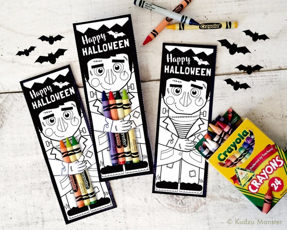 Halloween printable Frankenstein coloring page crayon hugger colored pencil holder classroom activity non candy halloween treat goodie gift Il_570xn