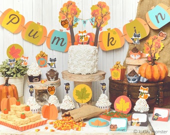 Fall Woodland Party printable decor kit fox deer raccoon bear Forest animals cupcake wrappers banner favors DIY baby shower birthday