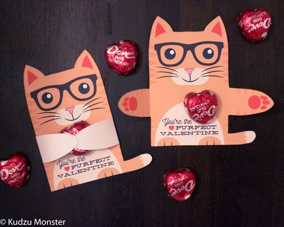 Orange Cat Classroom Candy Hugger valentines cute striped cat with glasses individual candy valentine card Valentine's day chocolate holders Il_570xn