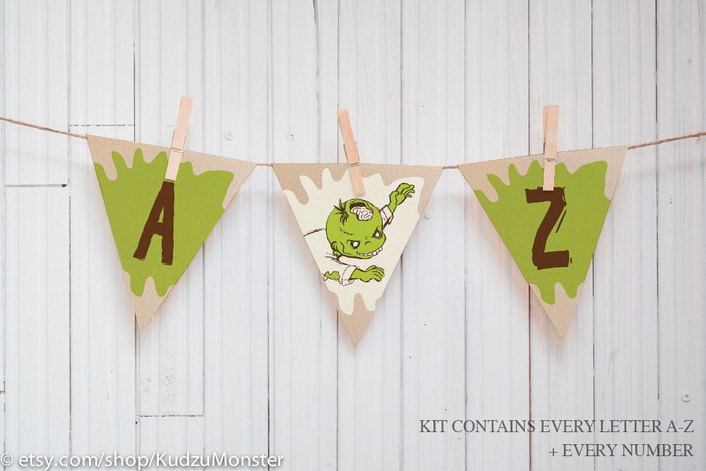 Zombie Party Printable Banner Bunting Flag Garland Print Party Kit boy birthday funny zombie walking dead theme green A-Z banner message