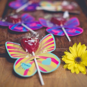 Sucker lollipop holder butterfly wings instant download girl's birthday party favor, classroom treats pink purple candy valentine card image 2