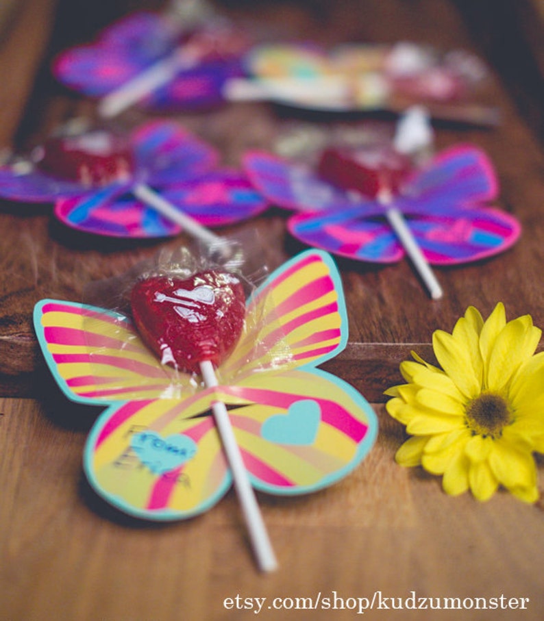 Sucker lollipop holder butterfly wings instant download girl's birthday party favor, classroom treats pink purple candy valentine card image 2