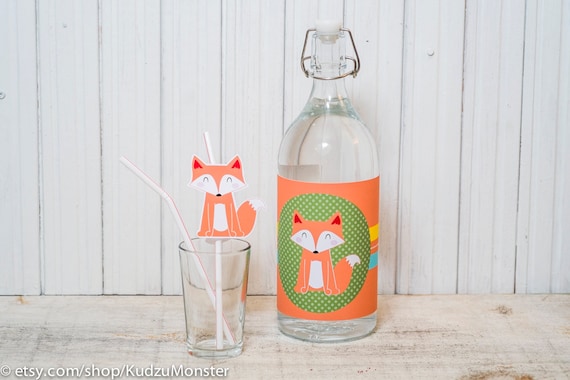 Fox woodland Party printable decor kit fox 2 liter bottle wrap and straw flags characters instant download Il_570xn
