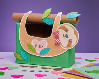 Sloth Printable Box Kit | DIY Valentine Box Decor Kit for Valentine's Day cards | school kid valentine craft kit Valentine's Day mailbox
