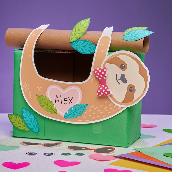 Sloth Printable Box Kit | DIY Valentine Box Decor Kit for Valentine's Day cards | school kid valentine craft kit Valentine's Day mailbox